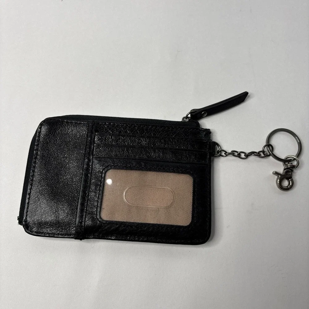 The Sak Black Leather Zip Card Holder Keychain Wallet ID Window Embossed Leaf